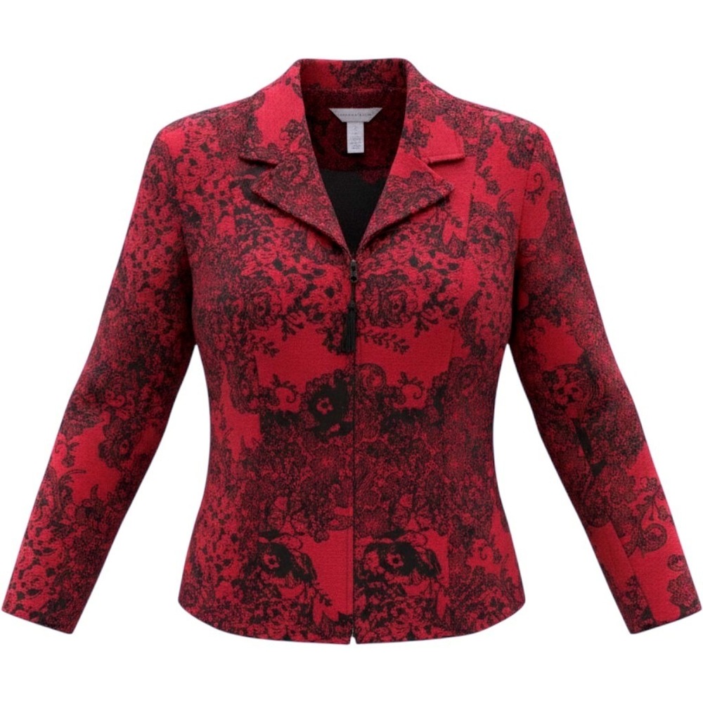 Christopher & Banks Womens Large Red Black Floral Damask Zip Front Jacket Blazer